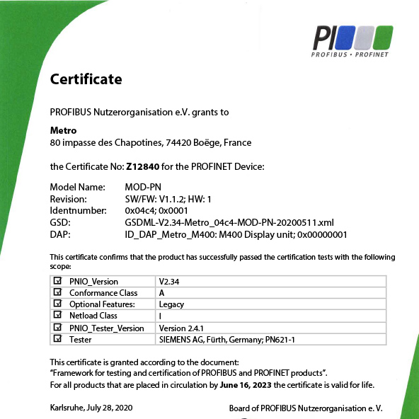 Certificat Z12840 - Profibus/Profinet